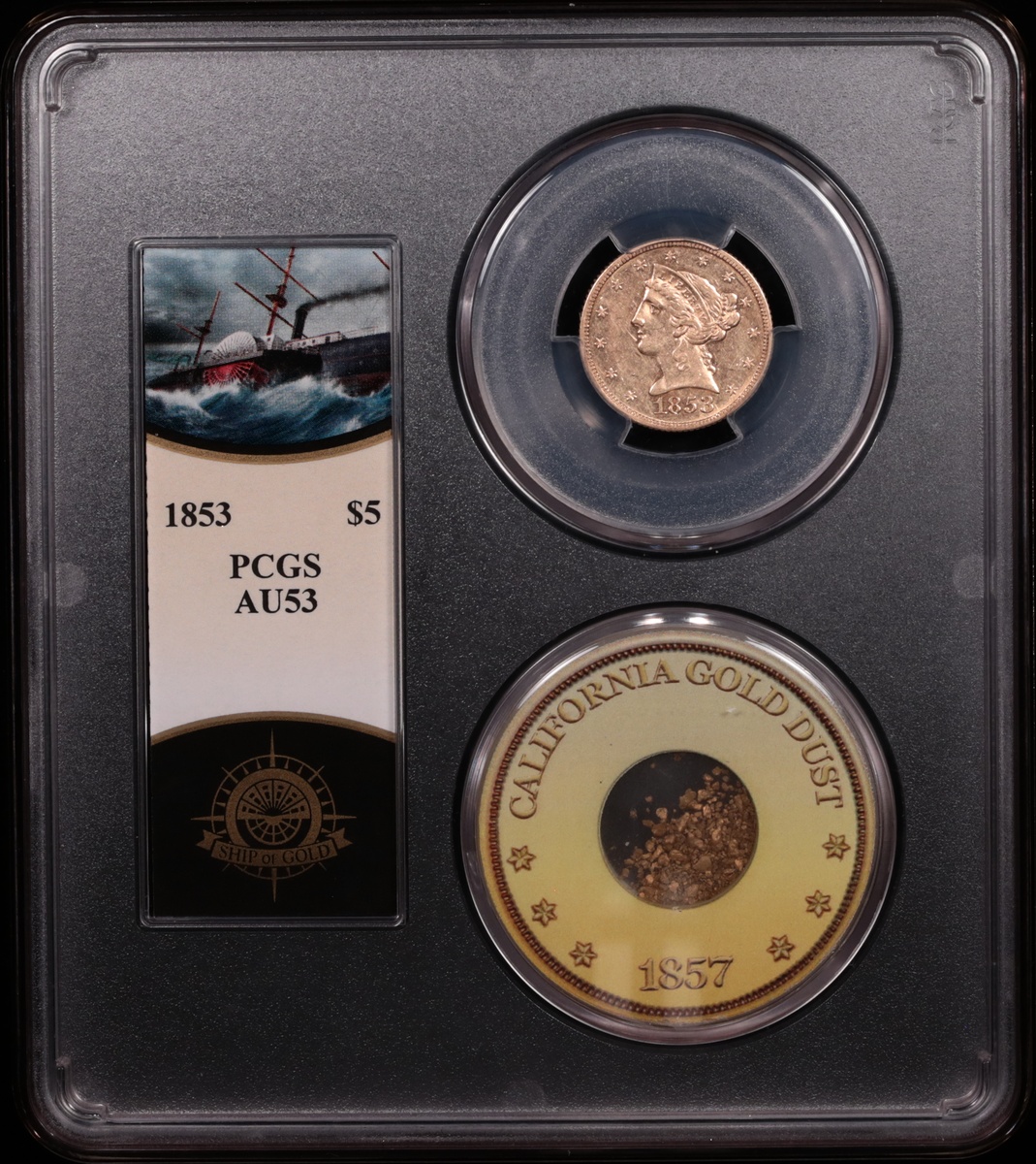 1853 $5 Liberty Gold SS Central America PCGS AU-53 Obverse in Holder
