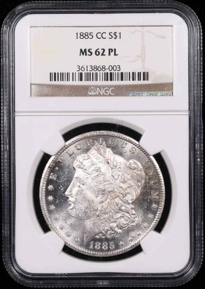 1885-CC Morgan Silver Dollar NGC MS-62 PL Obverse in Holder 1885-CC Morgan Silver Dollar NGC MS-62 PL Obverse in Holder