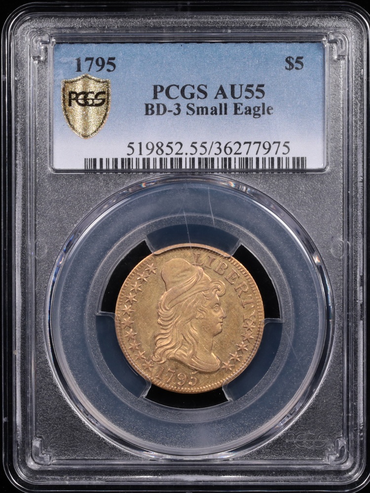 1795 $5 Liberty Gold Draped Bust Small Eagle PCGS AU-55 Obverse in Holder 1795 $5 Liberty Gold Draped Bust Small Eagle PCGS AU-55 Obverse in Holder