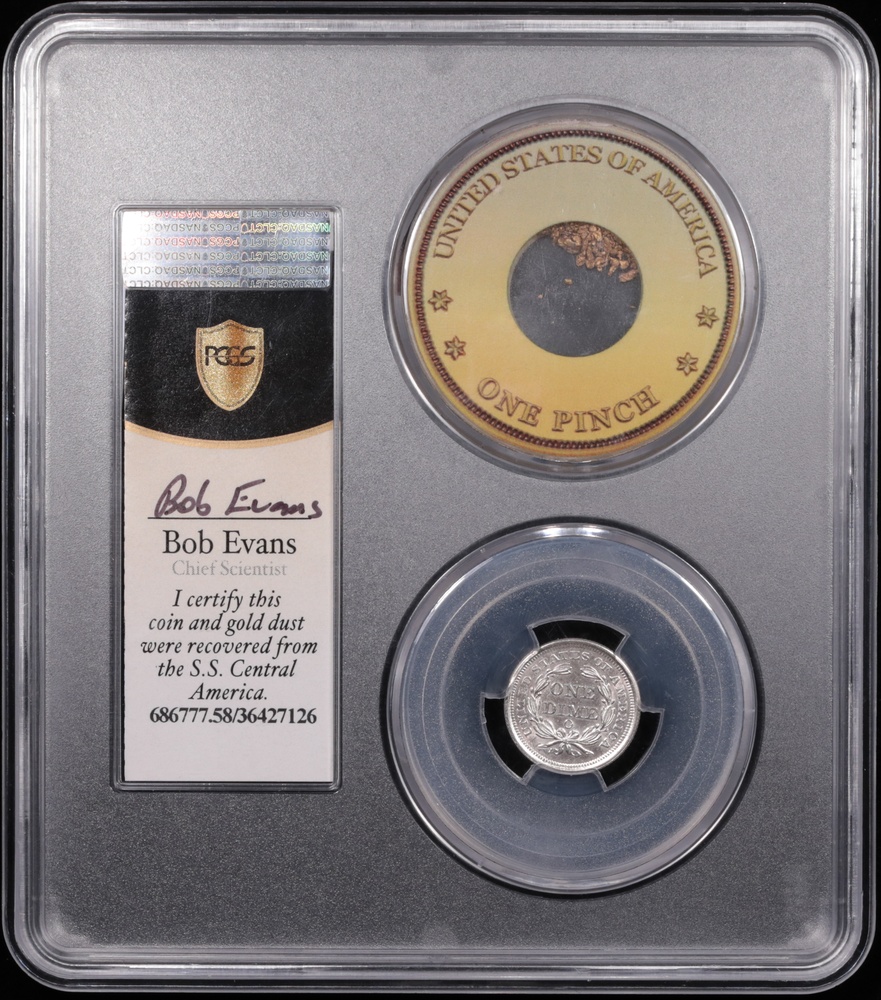 1854-O Seated Liberty Dime with Arrows SS Central America PCGS AU-58 Reverse in Holder with California Gold Dust and Bob Evans Certificate 1854-O Seated Liberty Dime with Arrows SS Central America PCGS AU-58 Reverse in Holder with California Gold Dust and Bob Evans Certificate