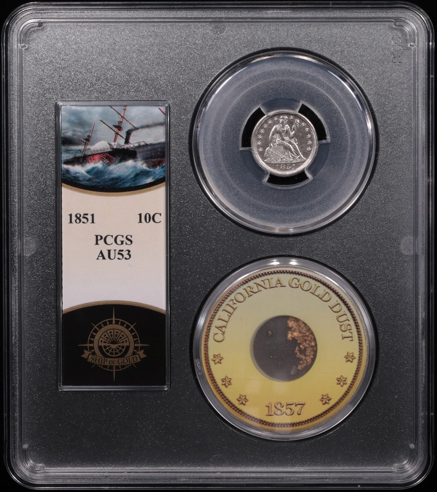 1851 Seated Liberty Dime SS Central America PCGS AU-53 Ship of Gold Presentation Holder Obverse 1851 Seated Liberty Dime SS Central America PCGS AU-53 Ship of Gold Presentation Holder Obverse