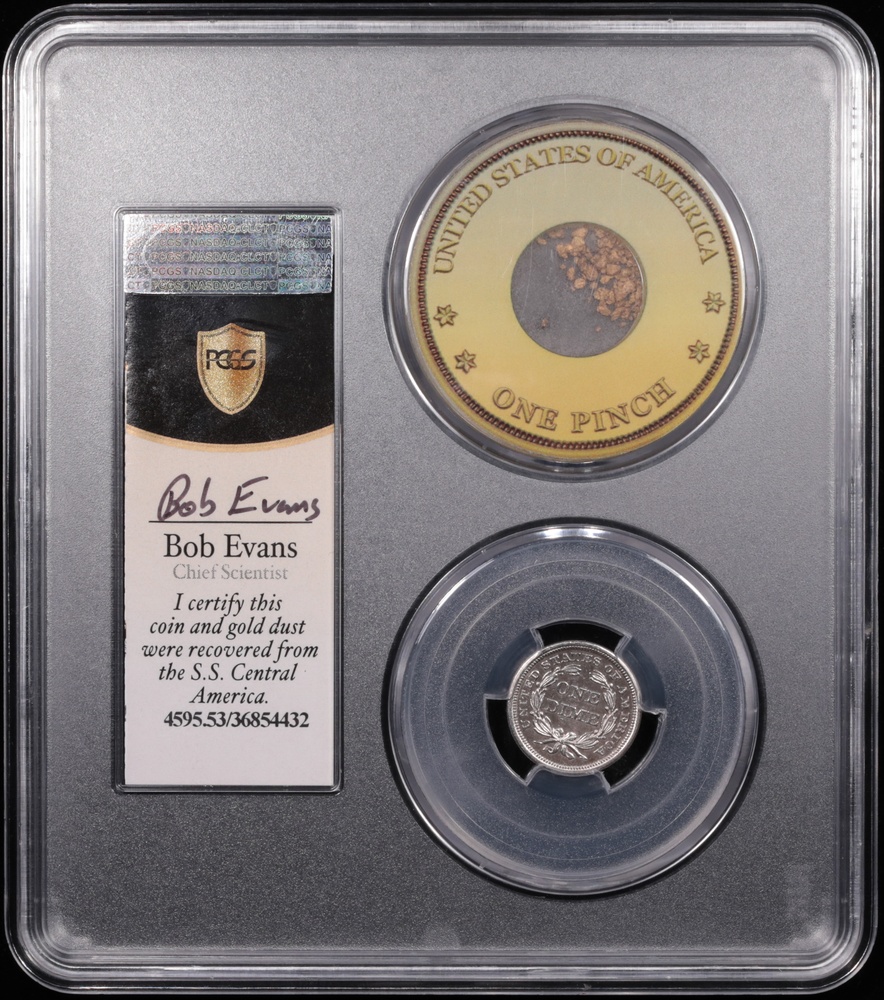 1851 Seated Liberty Dime SS Central America PCGS AU-53 Ship of Gold Presentation Holder Reverse with Bob Evans Signature 1851 Seated Liberty Dime SS Central America PCGS AU-53 Ship of Gold Presentation Holder Reverse with Bob Evans Signature