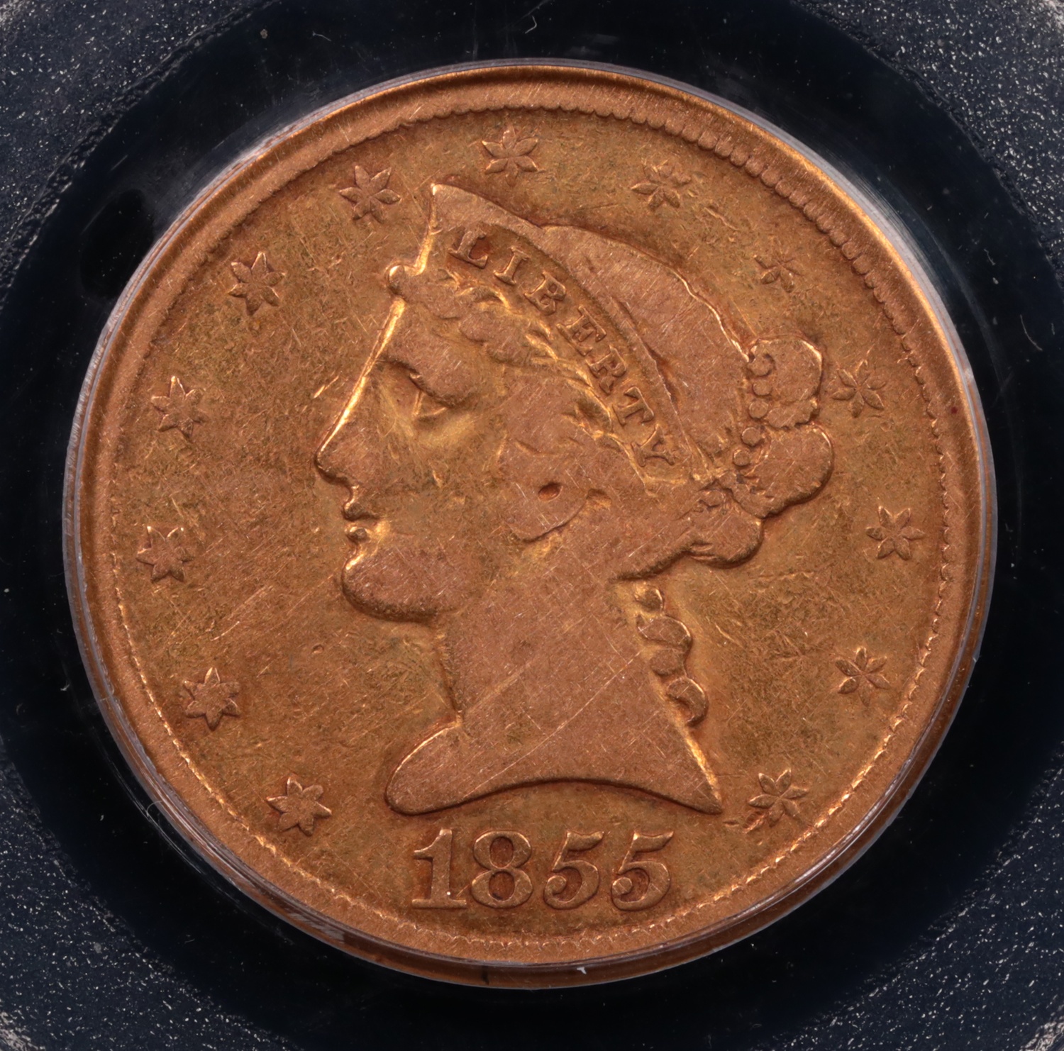 1855-D $5 Liberty Gold Medium D PCGS F-15 Obverse 1855-D $5 Liberty Gold Medium D PCGS F-15 Obverse