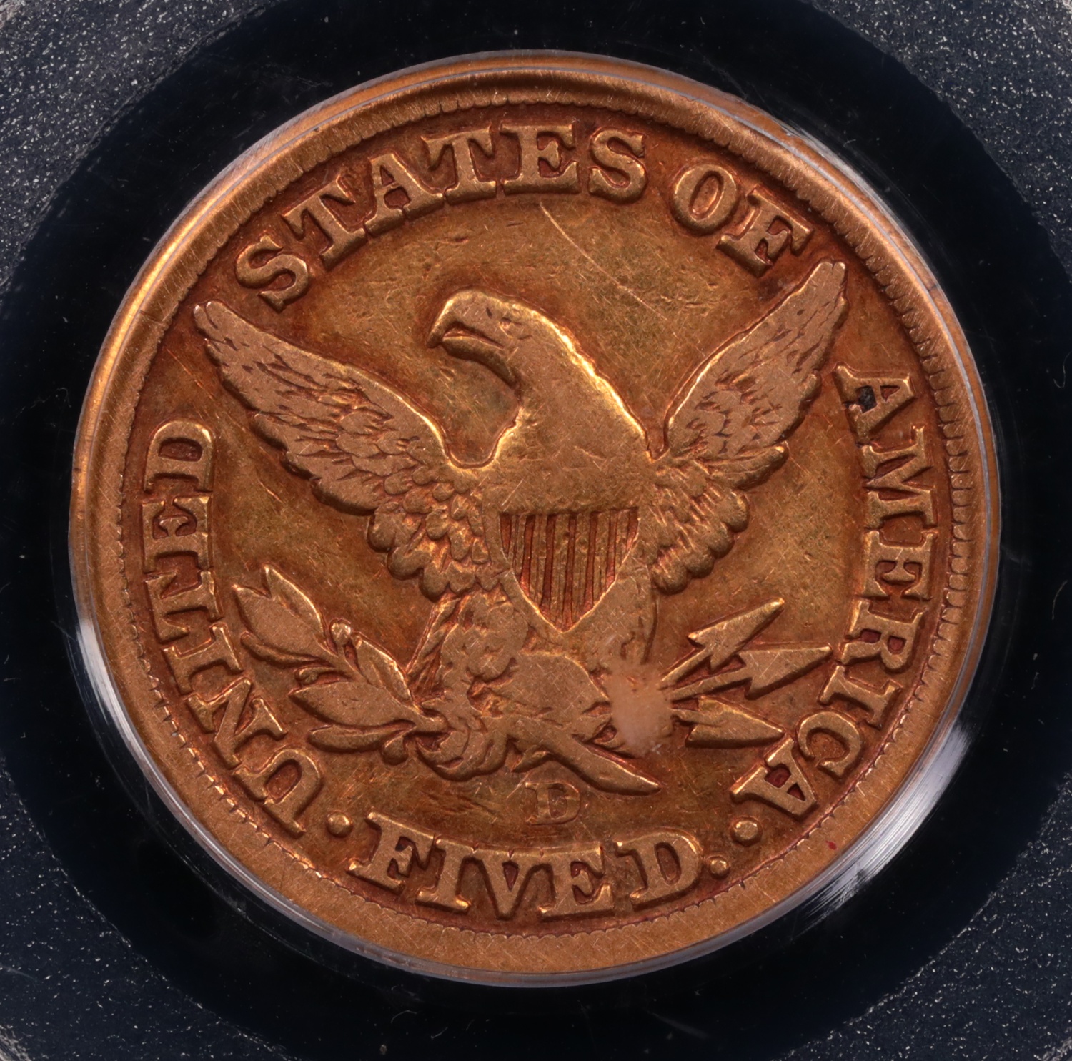 1855-D $5 Liberty Gold Medium D PCGS F-15 Reverse 1855-D $5 Liberty Gold Medium D PCGS F-15 Reverse