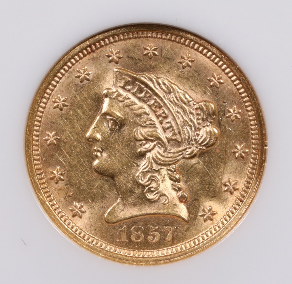 1857 $2.50 Liberty Gold NGC MS-62 Obverse 1857 $2.50 Liberty Gold NGC MS-62 Obverse