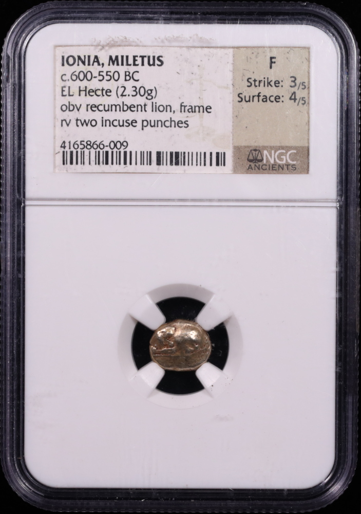 Ionia Miletus Electrum Recumbent Lion Hecte Fine 3x4 Obverse in Holder
Ionia Miletus Electrum Recumbent Lion Hecte Fine 3x4 Obverse in Holder