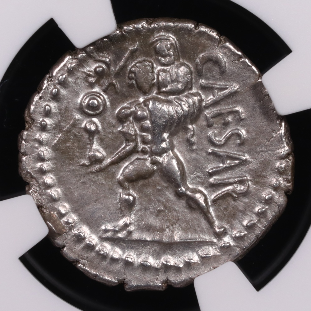 48-46 BC Julius Caesar Silver Denarius NGC About Uncirculated 5x4