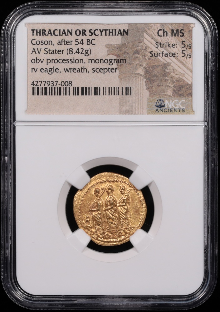 After 54 BC Thracian or Scythian Coson Gold Stater NGC Choice MS 5x5 Obverse in Holder After 54 BC Thracian or Scythian Coson Gold Stater NGC Choice MS 5x5 Obverse in Holder