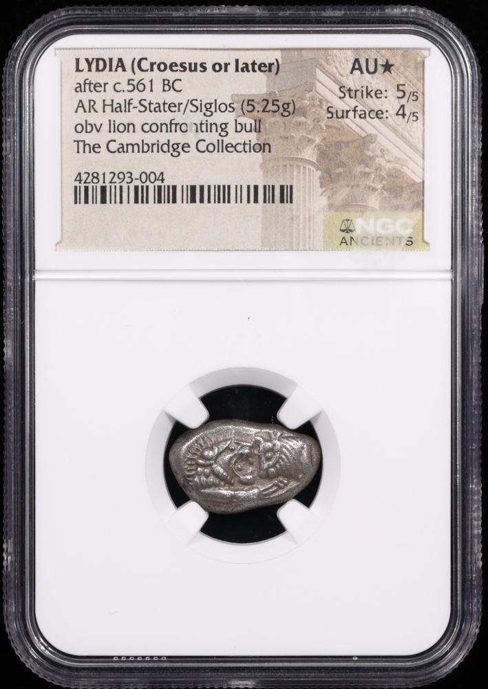 561 BC Lydia Silver Half-Stater Lion Confronting Bull NGC AU 5x4 Obverse in Holder 561 BC Lydia Silver Half-Stater Lion Confronting Bull NGC AU 5x4 Obverse in Holder