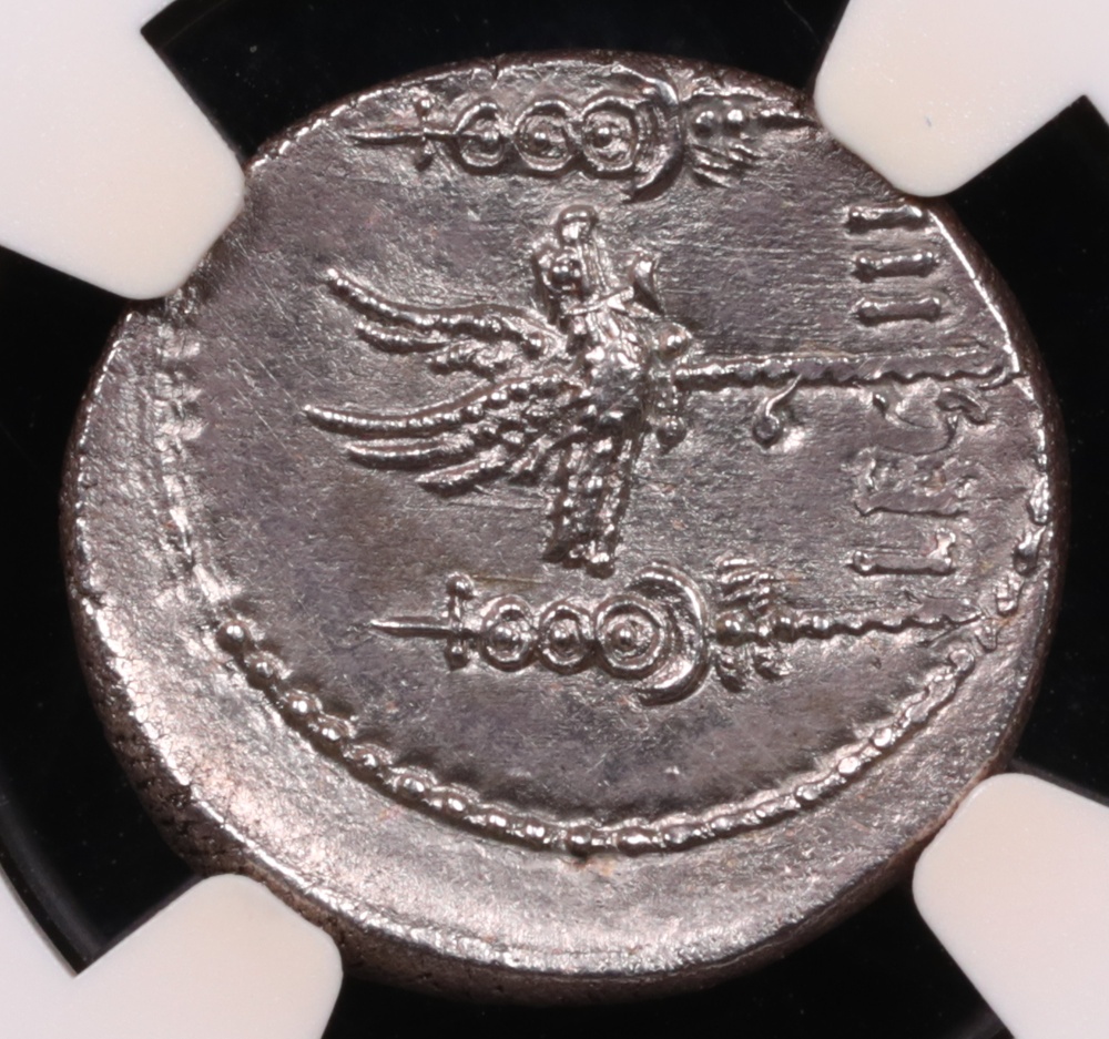 32-31 BC Marc Antony Silver Denarius NGC MS 4x3