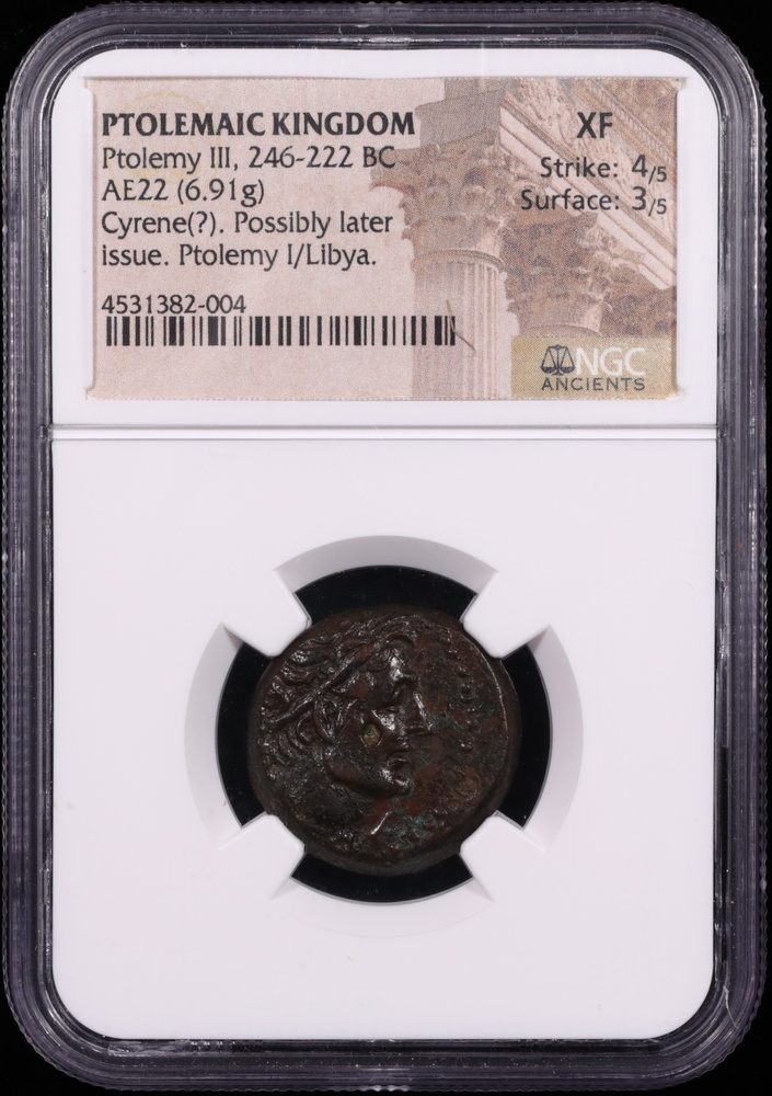 246-222 BC Ptolemy III Bronze AE22 Cyrene NGC Extremely Fine Obverse in Holder 246-222 BC Ptolemy III Bronze AE22 Cyrene NGC Extremely Fine Obverse in Holder