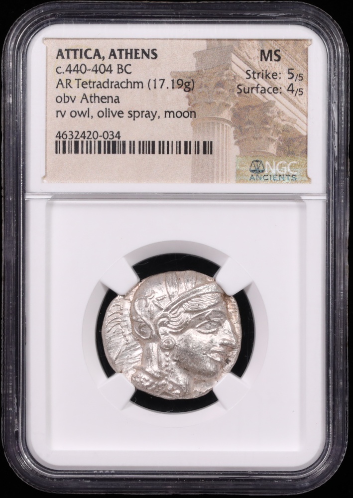 440-404 BC Attica, Athens Silver Owl Tetradrachm NGC Mint State 5x4 Obverse in Holder 440-404 BC Attica, Athens Silver Owl Tetradrachm NGC Mint State 5x4 Obverse in Holder