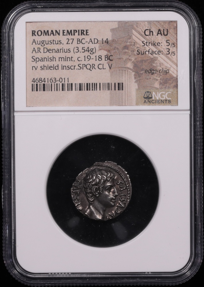 27 BC-AD 14 Roman Empire Augustus Silver Denarius NGC Choice About Uncirculated 5x3 Obverse in Holder 27 BC-AD 14 Roman Empire Augustus Silver Denarius NGC Choice About Uncirculated 5x3 Obverse in Holder