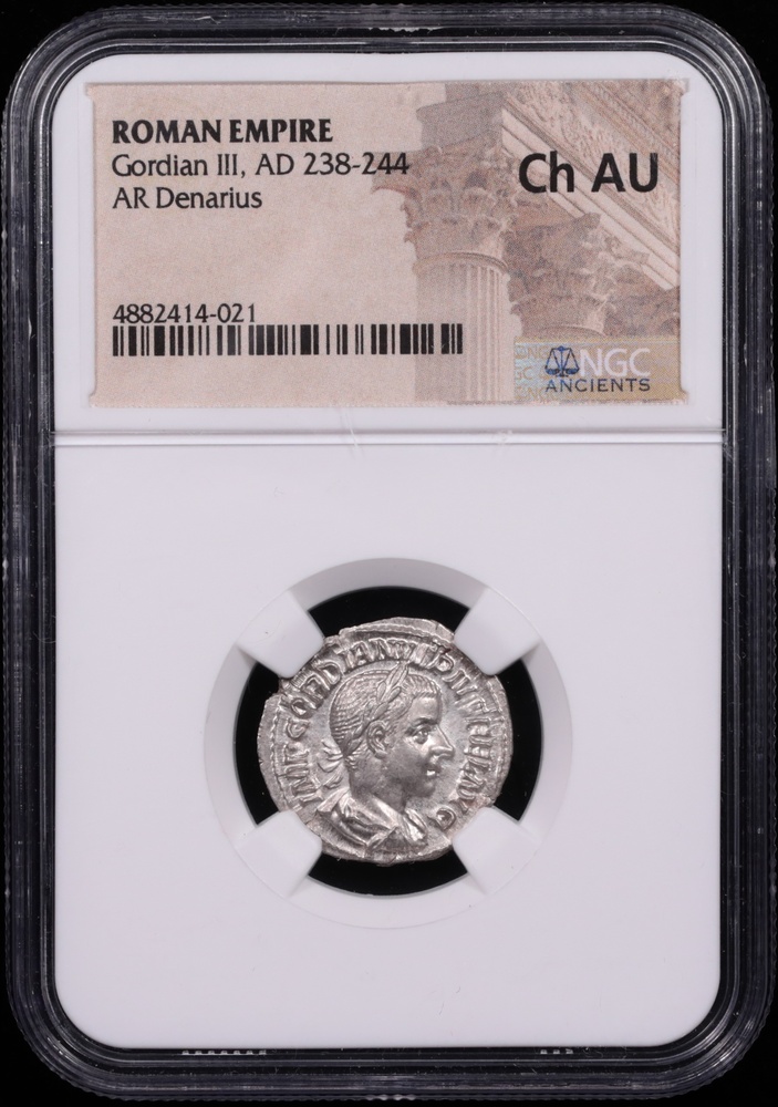 238-244 AD Roman Empire Gordian III Silver Denarius NGC Choice About Uncirculated