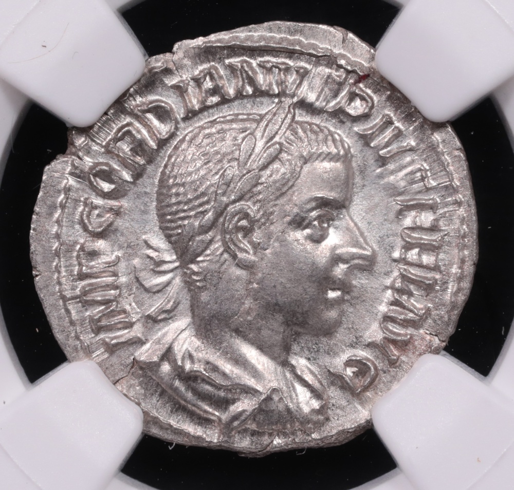 238-244 AD Roman Empire Gordian III Silver Denarius NGC Choice About Uncirculated Obverse 238-244 AD Roman Empire Gordian III Silver Denarius NGC Choice About Uncirculated Obverse