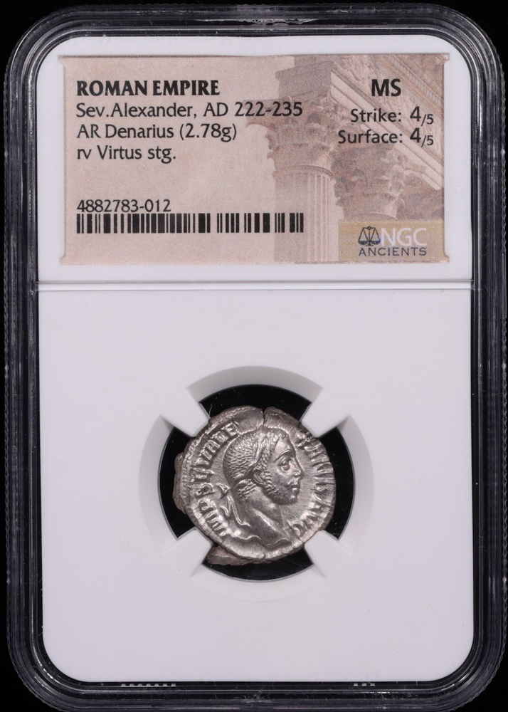 222-235 AD Roman Empire Severus Alexander Silver Denarius NGC MS 4x4
