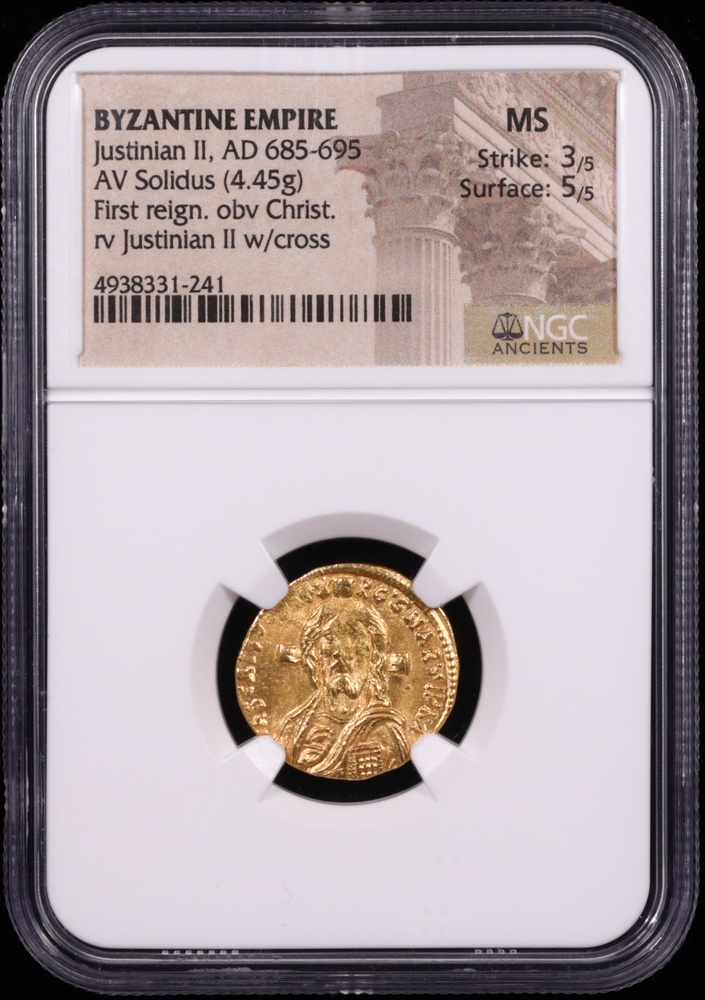 AD 685-695 Byzantine Empire Justinian II Gold Solidus NGC MS Obverse in Holder AD 685-695 Byzantine Empire Justinian II Gold Solidus NGC MS Obverse in Holder