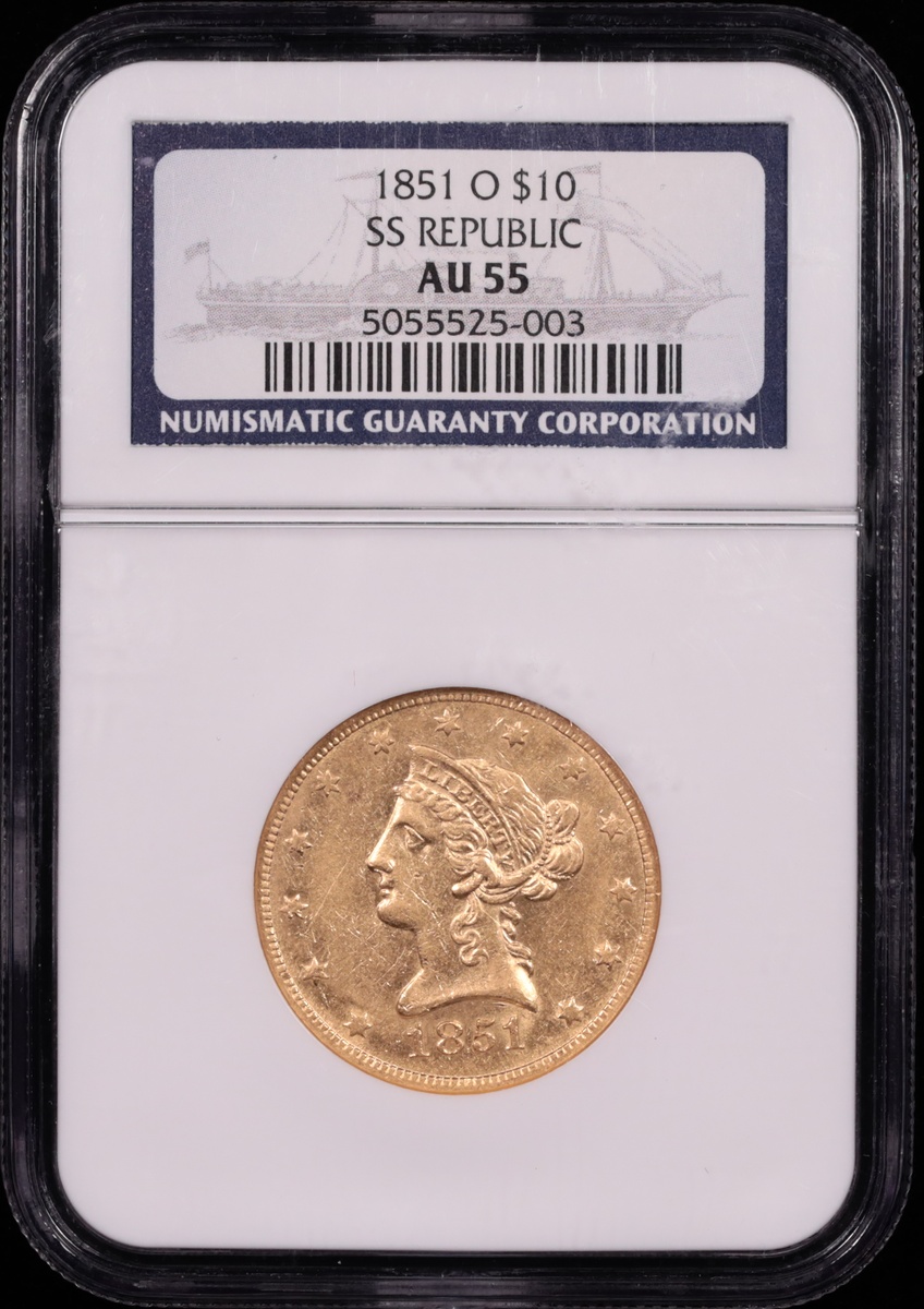 1851-O $10 Liberty Gold SS Republic NGC AU-55 Obverse in Holder