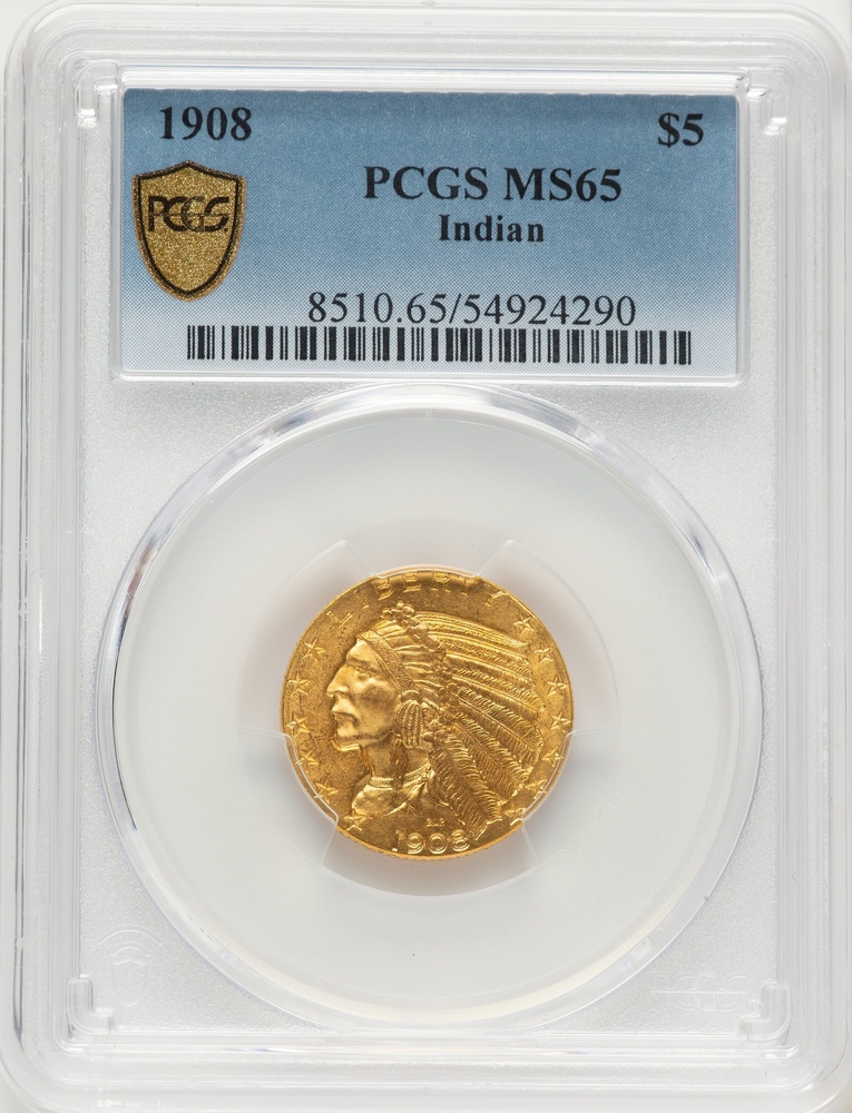 1908 $5 Indian Gold PCGS MS-65 Obverse in Holder 1908 $5 Indian Gold PCGS MS-65 Obverse in Holder