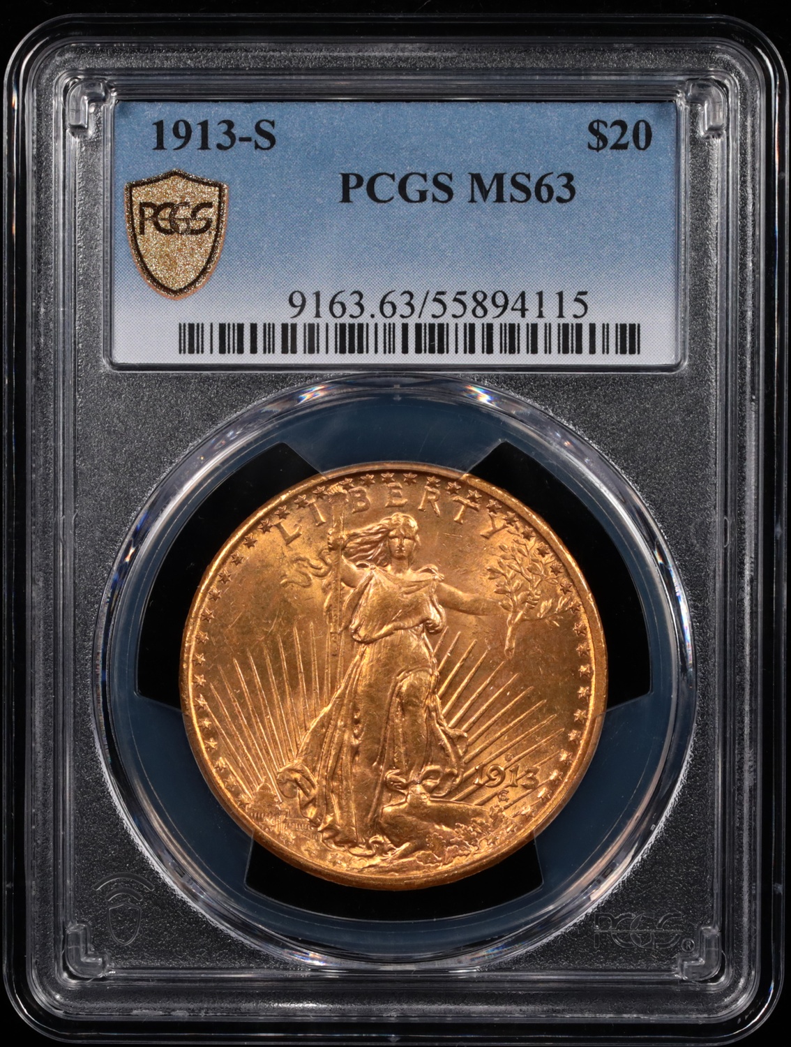 1913-S $20 Saint-Gaudens Gold PCGS MS-63 Obverse in Holder 1913-S $20 Saint-Gaudens Gold PCGS MS-63 Obverse in Holder