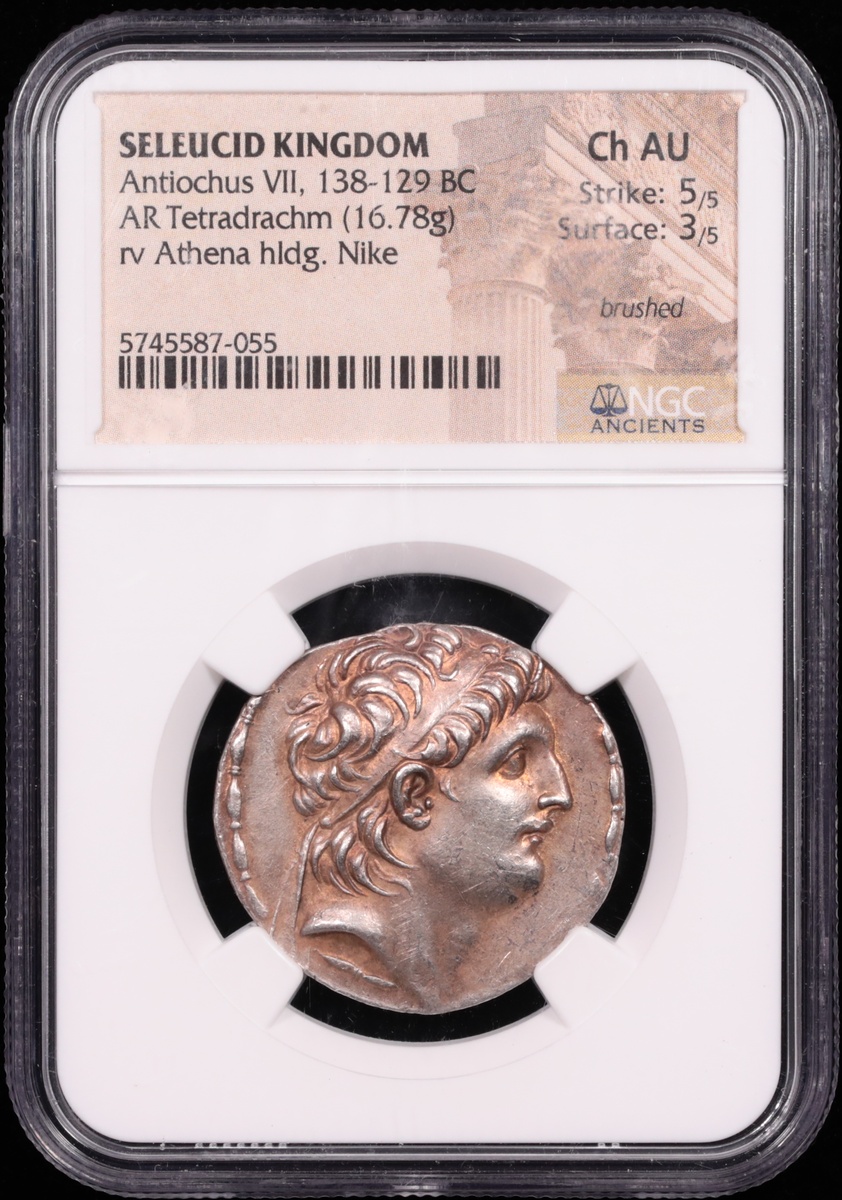 138-129 BC Seleucid Kingdom Antiochus VII Silver Tetradrachm NGC Choice About Uncirculated 5x3 Obverse in Holder