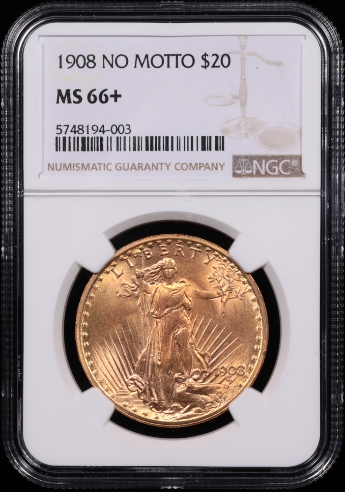 1908 $20 Saint-Gaudens Gold No Motto NGC MS-66+ Obverse in Holder 1908 $20 Saint-Gaudens Gold No Motto NGC MS-66+ Obverse in Holder