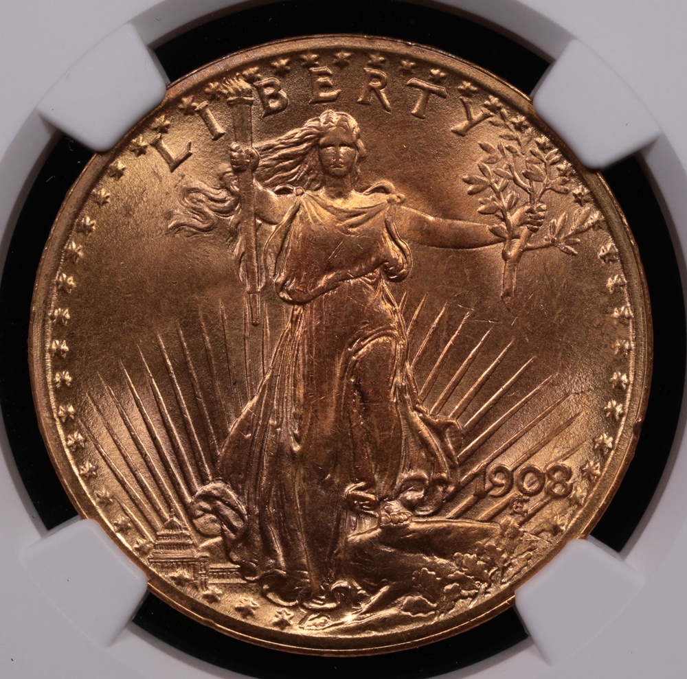 1908 $20 Saint-Gaudens Gold No Motto NGC MS-66+ Obverse in Holder 1908 $20 Saint-Gaudens Gold No Motto NGC MS-66+ Obverse in Holder