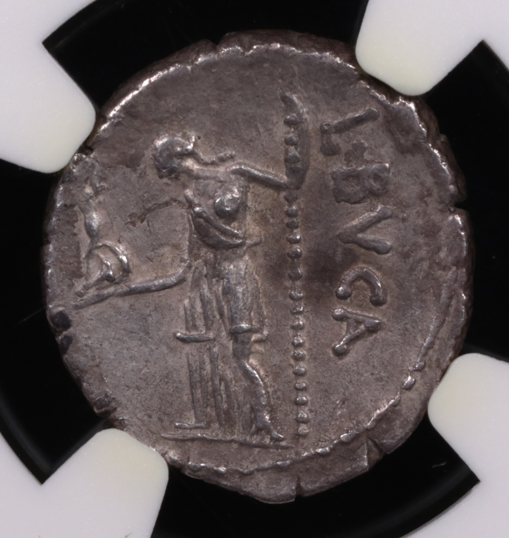 44 BC Julius Caesar Silver Denarius L. Aemilius Buca NGC Choice Extremely Fine