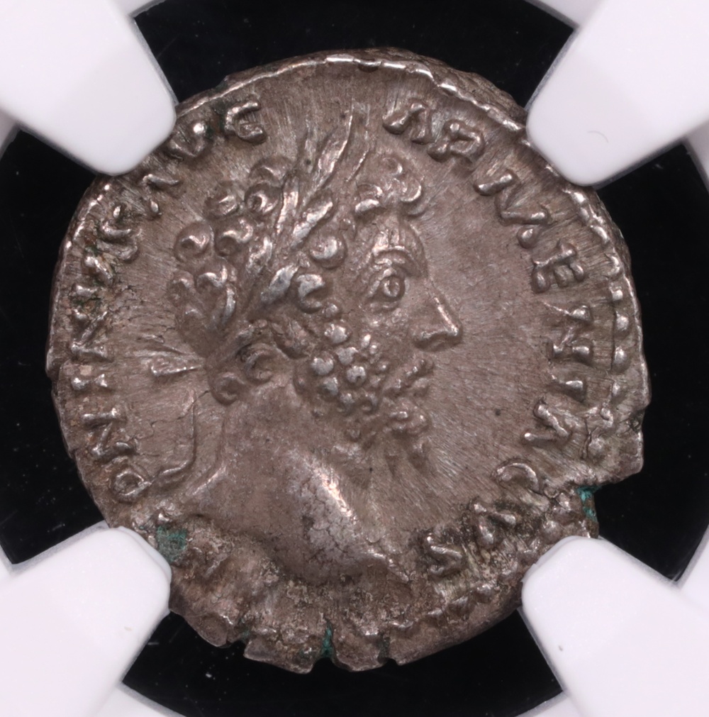 161-180 AD Marcus Aurelius Silver Denarius NGC Choice Extremely Fine 5x4