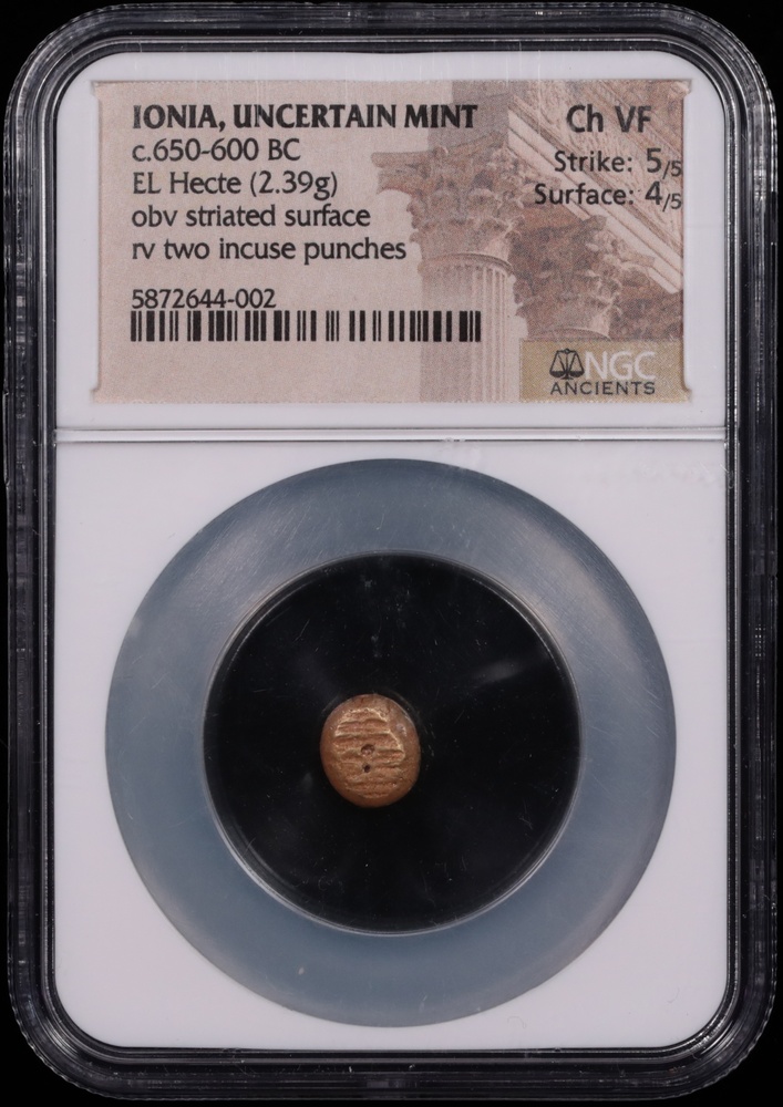 650-600 BC Ionia Electrum Hecte NGC Choice Very Fine 5x4 Obverse in Holder 650-600 BC Ionia Electrum Hecte NGC Choice Very Fine 5x4 Obverse in Holder