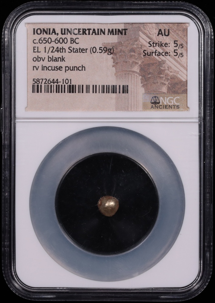 650-600 BC Ionia Uncertain Mint Electrum 1/24 Stater NGC About Uncirculated 5x5 Obverse in Holder 650-600 BC Ionia Uncertain Mint Electrum 1/24 Stater NGC About Uncirculated 5x5 Obverse in Holder