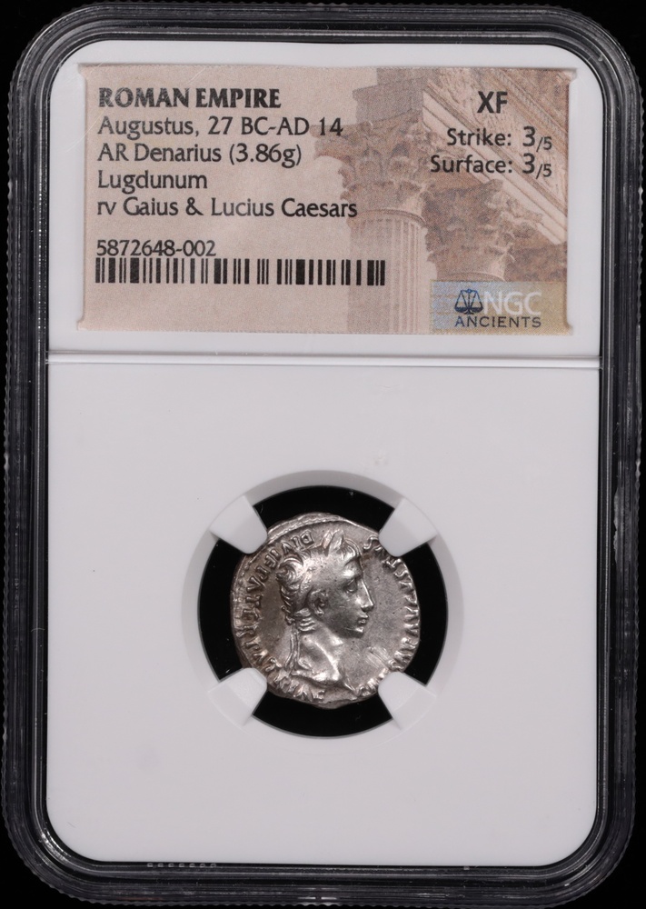 27 BC-14 AD Roman Empire Augustus Silver Denarius NGC Extremely Fine 3x3 Obverse in Holder 27 BC-14 AD Roman Empire Augustus Silver Denarius NGC Extremely Fine 3x3 Obverse in Holder