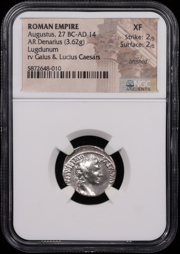 27 BC-AD 14 Roman Empire Augustus Silver Denarius NGC Extremely Fine 2x2 Obverse in Holder 27 BC-AD 14 Roman Empire Augustus Silver Denarius NGC Extremely Fine 2x2 Obverse in Holder