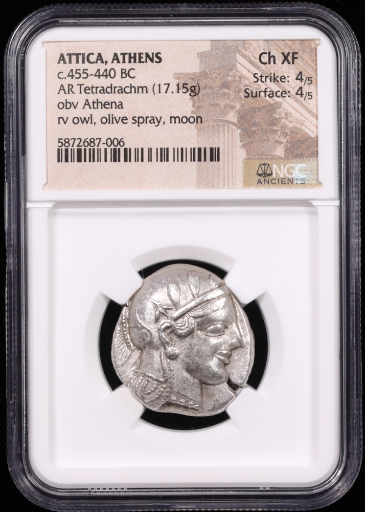 455-440 BC Attica, Athens Silver Owl Tetradrachm NGC Choice XF 4x4 Obverse in Holder 455-440 BC Attica, Athens Silver Owl Tetradrachm NGC Choice XF 4x4 Obverse in Holder
