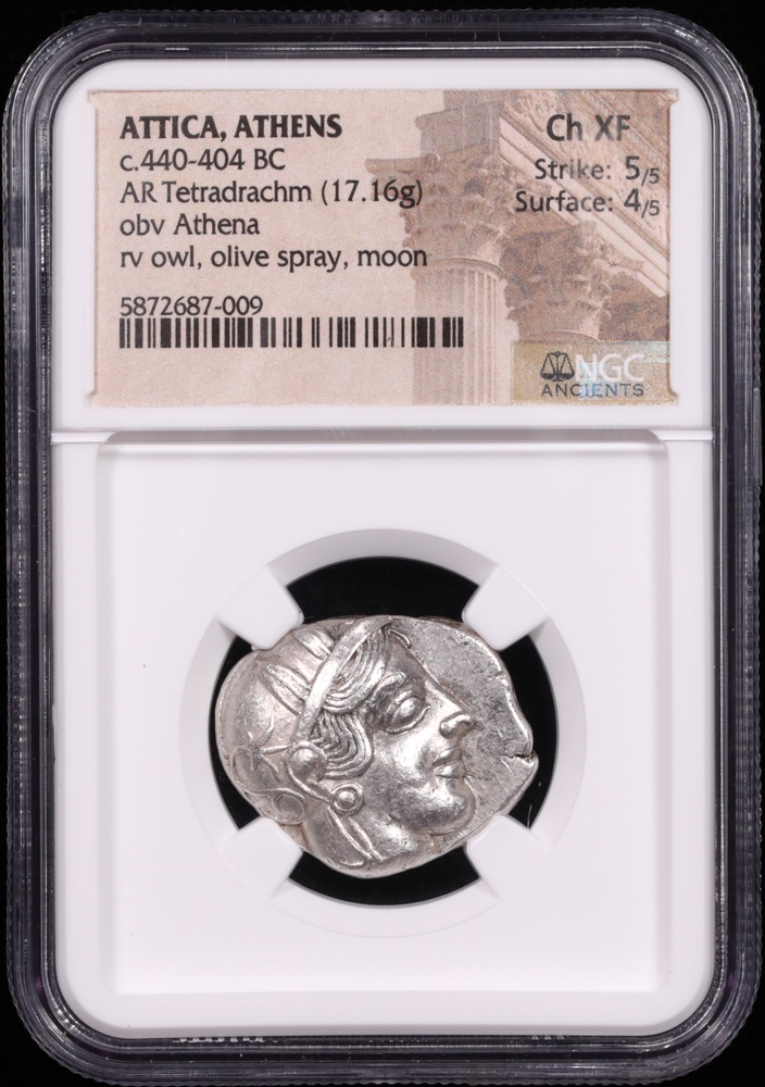 440-404 BC Attica, Athens Silver Tetradrachm NGC Choice Extremely Fine 5x4 Obverse in Holder 440-404 BC Attica, Athens Silver Tetradrachm NGC Choice Extremely Fine 5x4 Obverse in Holder