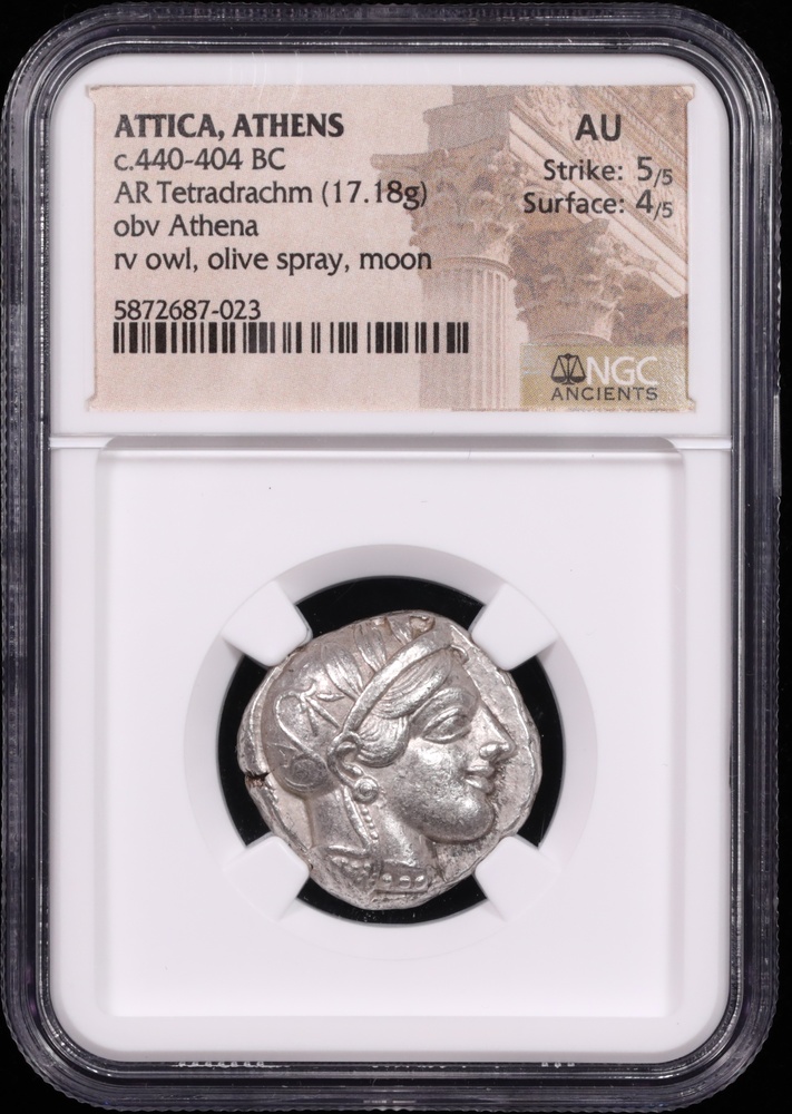 440-404 BC Attica, Athens Silver Tetradrachm NGC AU 5/4 Obverse in Holder 440-404 BC Attica, Athens Silver Tetradrachm NGC AU 5/4 Obverse in Holder