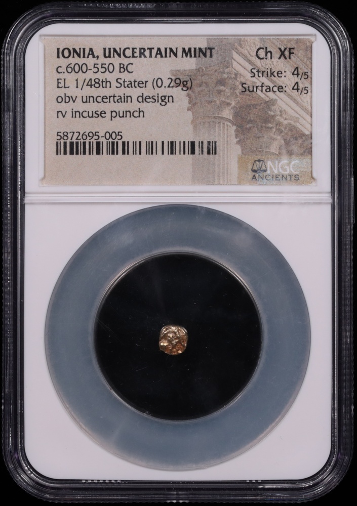 600-550 BC Ionia Electrum 1/48 Stater NGC Choice Extremely Fine 4x4 Obverse in Holder 600-550 BC Ionia Electrum 1/48 Stater NGC Choice Extremely Fine 4x4 Obverse in Holder
