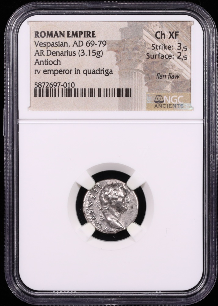 AD 69-79 Vespasian Silver Denarius Antioch NGC Choice Extremely Fine Obverse in Holder AD 69-79 Vespasian Silver Denarius Antioch NGC Choice Extremely Fine Obverse in Holder