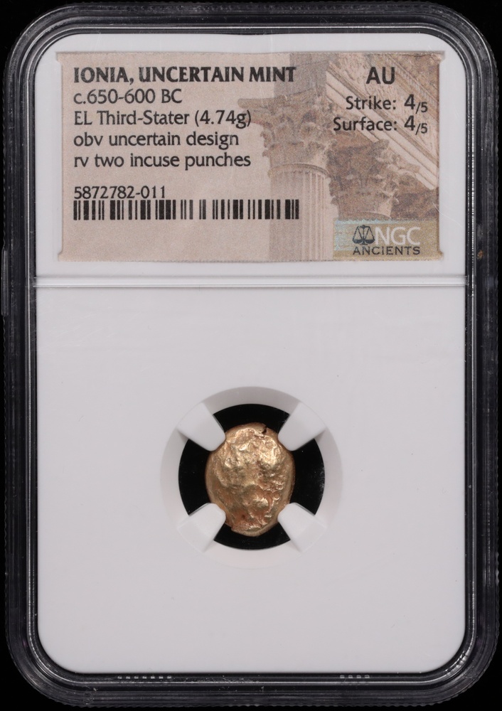 650-600 BC Ionia Uncertain Mint Electrum Third-Stater NGC About Uncirculated 4x4 Obverse in Holder 650-600 BC Ionia Uncertain Mint Electrum Third-Stater NGC About Uncirculated 4x4 Obverse in Holder