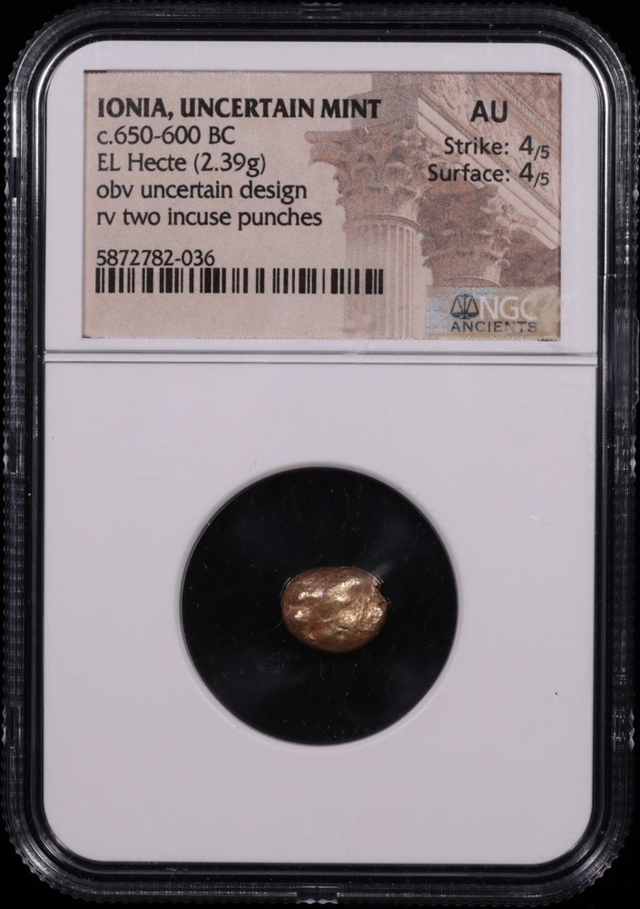 650-600 BC Ionia Electrum Hecte NGC About Uncirculated 4x4 Obverse in Holder 650-600 BC Ionia Electrum Hecte NGC About Uncirculated 4x4 Obverse in Holder
