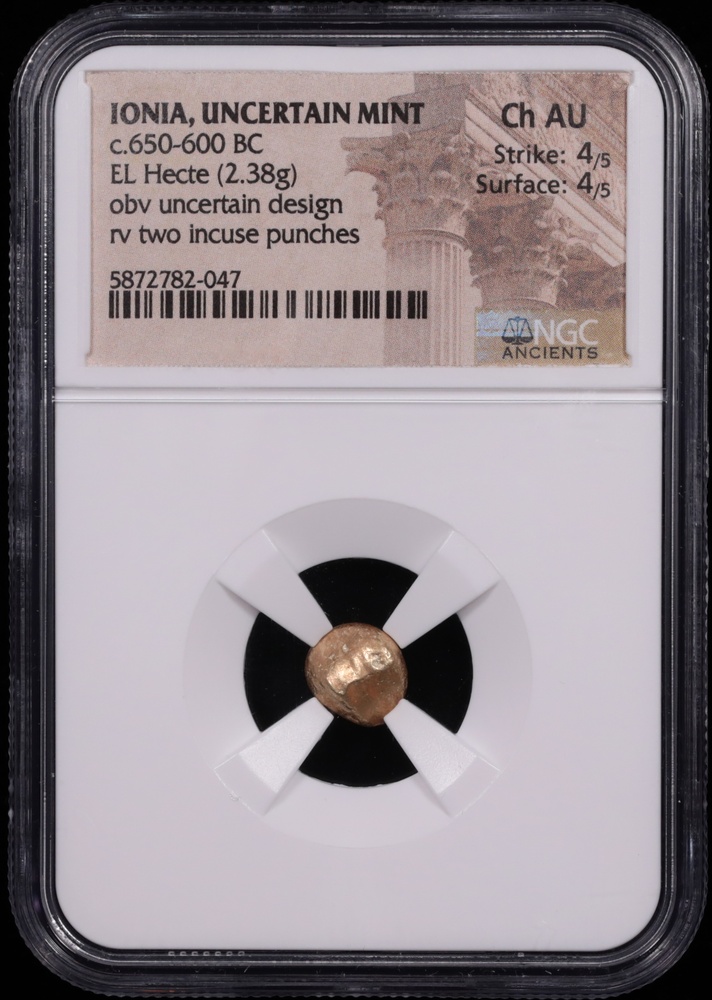 650-600 BC Ionia Uncertain Mint Electrum Hecte NGC Choice About Uncirculated 4x4 Obverse in Holder 650-600 BC Ionia Uncertain Mint Electrum Hecte NGC Choice About Uncirculated 4x4 Obverse in Holder