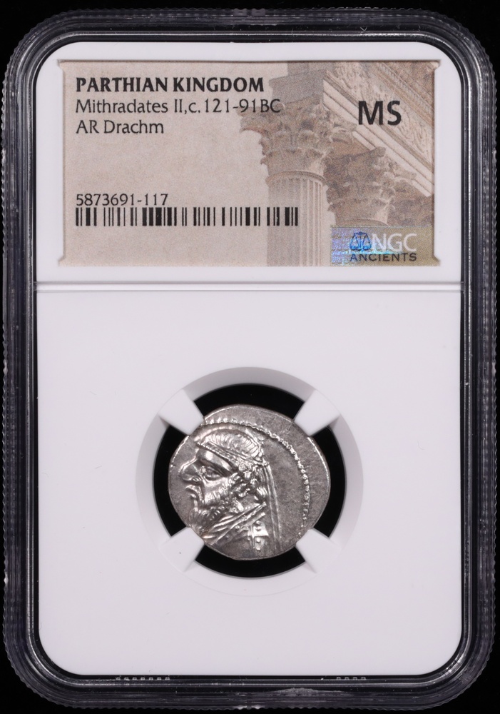 c. 121-91 BC Parthian Kingdom Mithradates II Silver Drachm NGC MS Obverse in Holder c. 121-91 BC Parthian Kingdom Mithradates II Silver Drachm NGC MS Obverse in Holder
