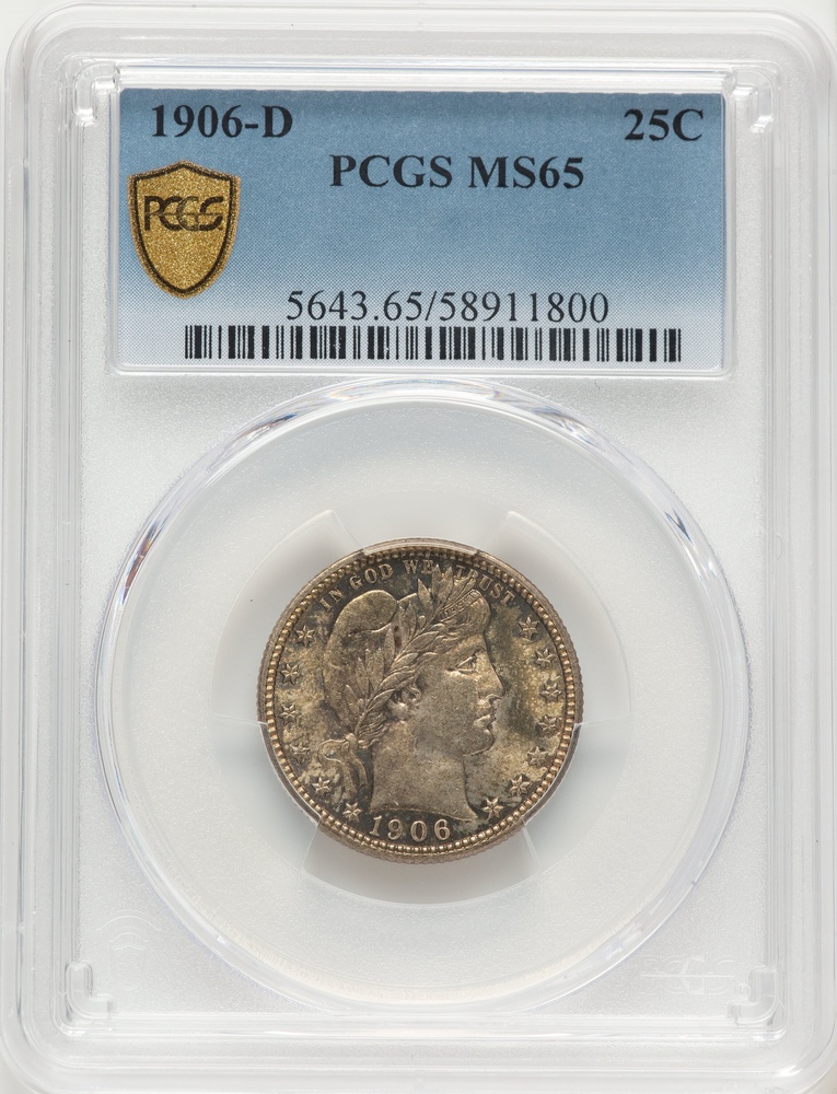 1906-D Barber Quarter PCGS MS-65 Obverse in Holder 1906-D Barber Quarter PCGS MS-65 Obverse in Holder