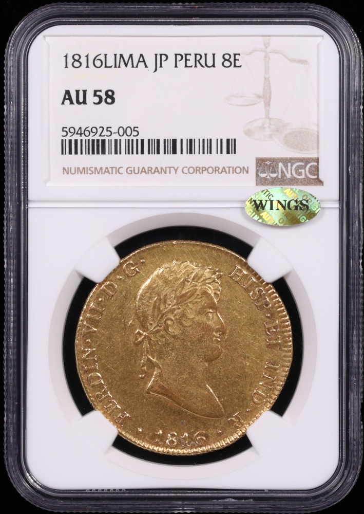 1816 Lima, Peru 8 Escudo NGC AU-58 Obverse in Holder 1816 Lima, Peru 8 Escudo NGC AU-58 Obverse in Holder