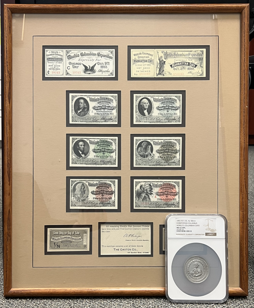 1892-93 World's Columbian Exposition 50mm Medal NGC MS-62 DPL w/ Ticket Collection and Envelope in Framed Display