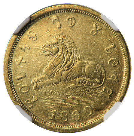 1860 Utah Territory $5 Mormon Gold NGC AU-55 Obverse 1860 Utah Territory $5 Mormon Gold NGC AU-55 Obverse