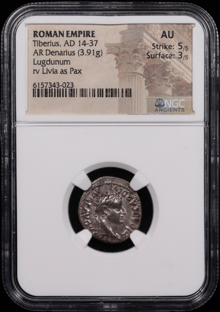 14-37 AD Roman Empire Tiberius Silver Denarius Lugdunum NGC About Uncirculated 5x3 Obverse in Holder 14-37 AD Roman Empire Tiberius Silver Denarius Lugdunum NGC About Uncirculated 5x3 Obverse in Holder