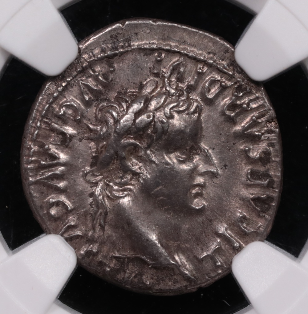 14-37 AD Roman Empire Tiberius Silver Denarius Lugdunum NGC About Uncirculated 5x3 Obverse 14-37 AD Roman Empire Tiberius Silver Denarius Lugdunum NGC About Uncirculated 5x3 Obverse
