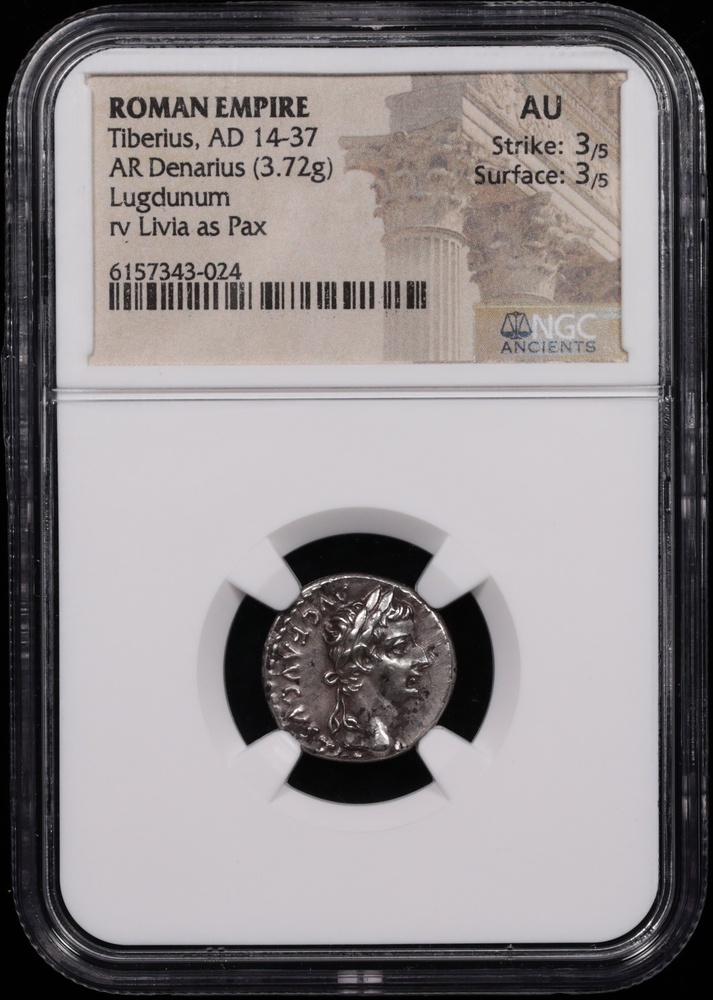 14-37 AD Roman Empire Tiberius Silver Denarius NGC About Uncirculated 3x3 Obverse in Holder 14-37 AD Roman Empire Tiberius Silver Denarius NGC About Uncirculated 3x3 Obverse in Holder