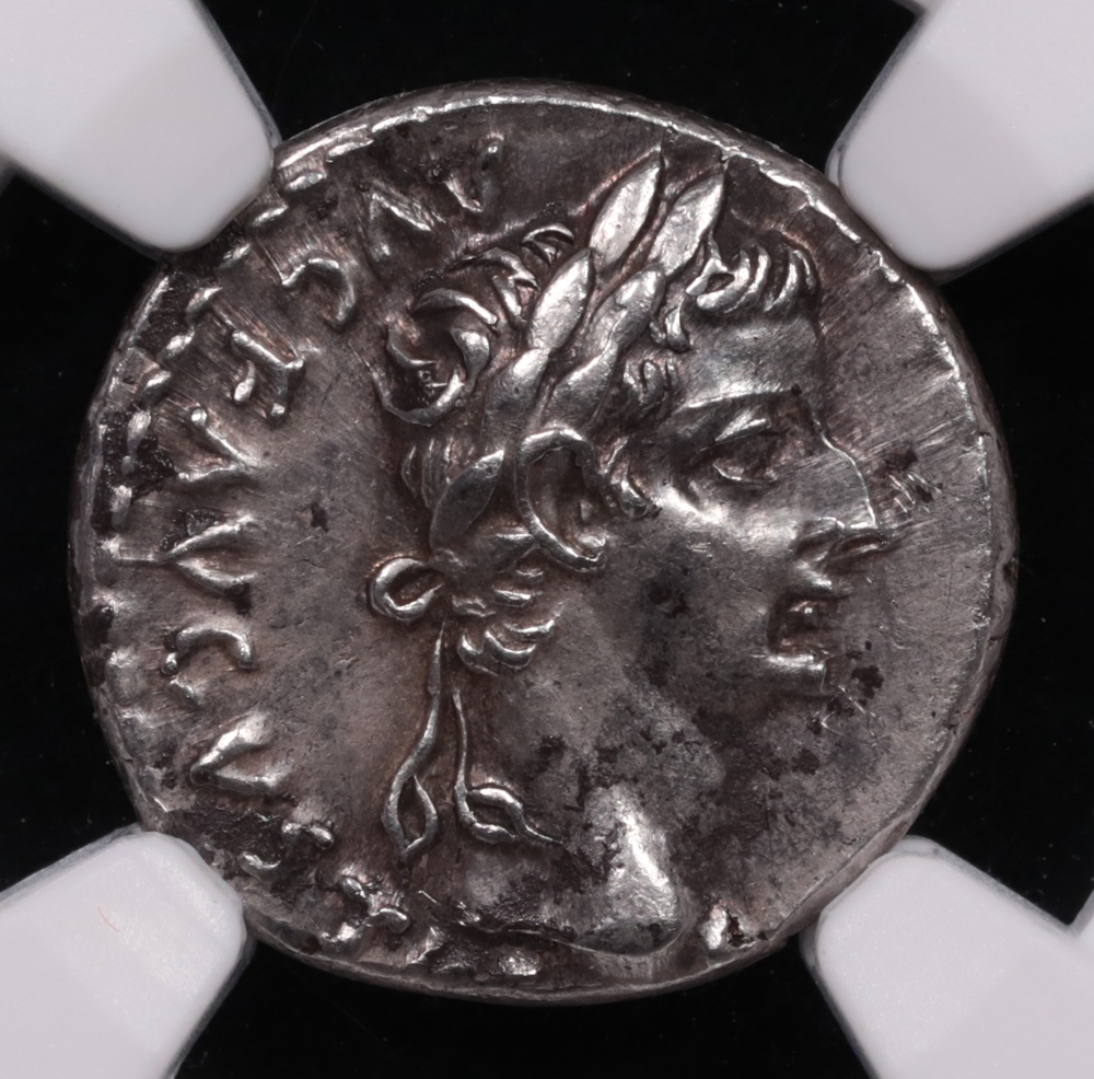 14-37 AD Roman Empire Tiberius Silver Denarius NGC About Uncirculated 3x3 Obverse 14-37 AD Roman Empire Tiberius Silver Denarius NGC About Uncirculated 3x3 Obverse